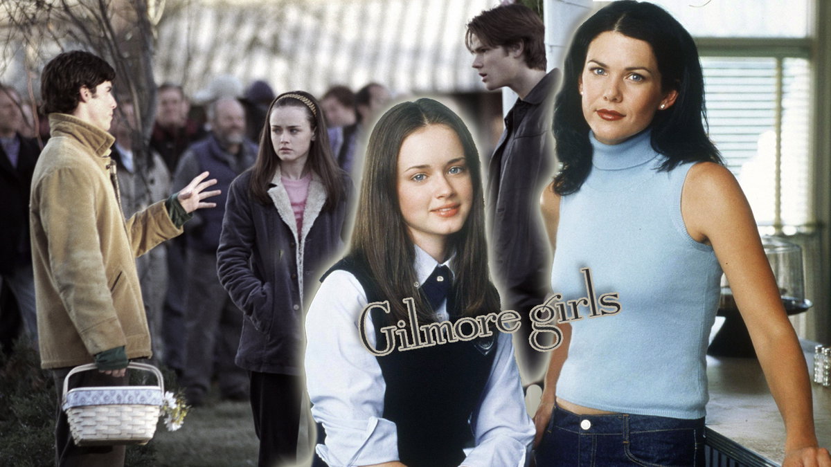 Jess, Rory, Dean und Lorelai aus "Gilmore Girls" mit Logo