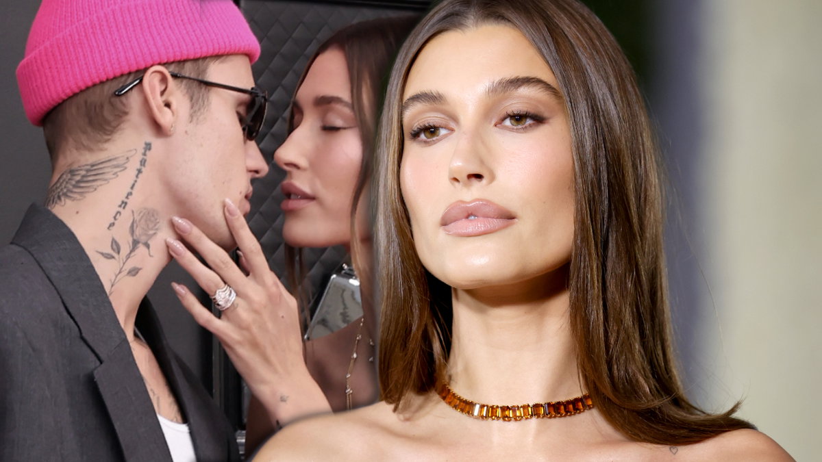 Hailey Bieber guckt lasziv, im Hintergrund ein Kussfoto mit Justin Bieber