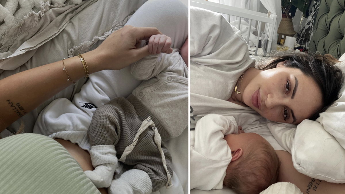Jennifer Saro liegt mit ihrem Baby im Bett