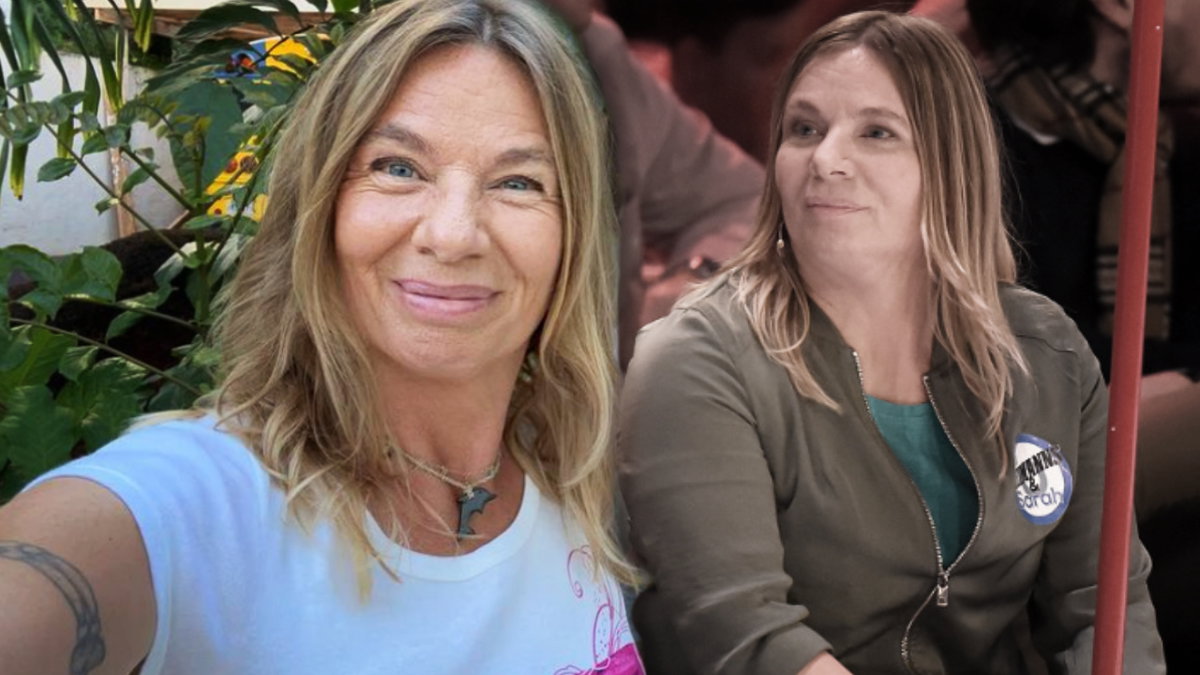 Manuela Reimann lächelt in die Kamera, daneben ein altes Foto von ihr