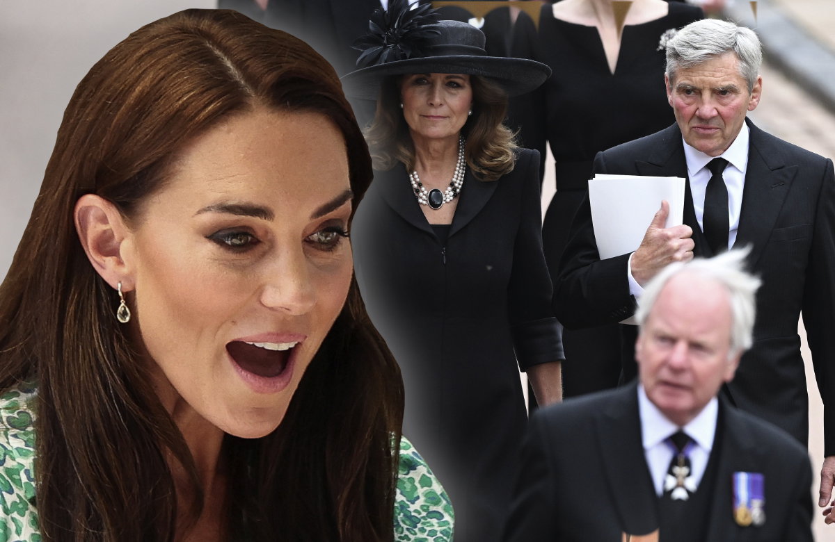 Prinzessin Kate geschockt, im Hintergrund Carole und Michael Middleton ernst
