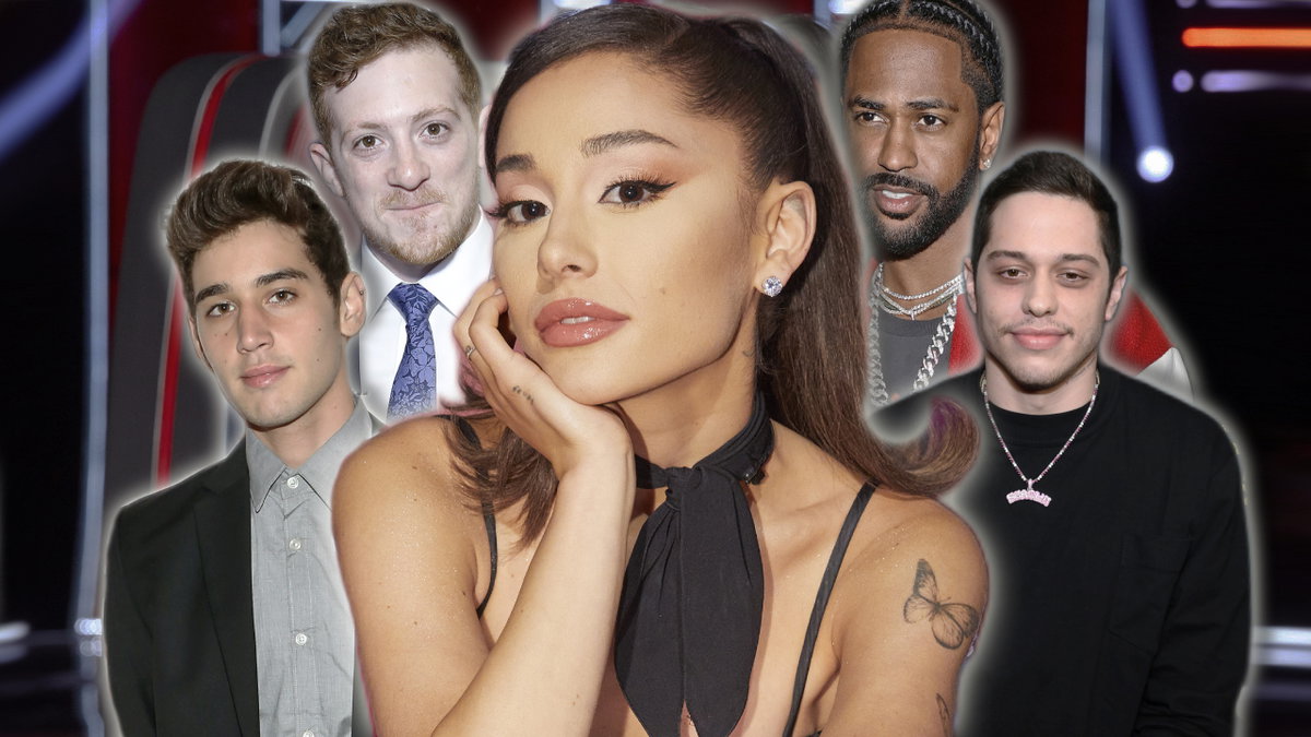 Ariana Grande stütz Kopf auf Hand, im Hintergrund stehen Jai Brooks, Ethan Slater, Big Sean und Pete Davidson