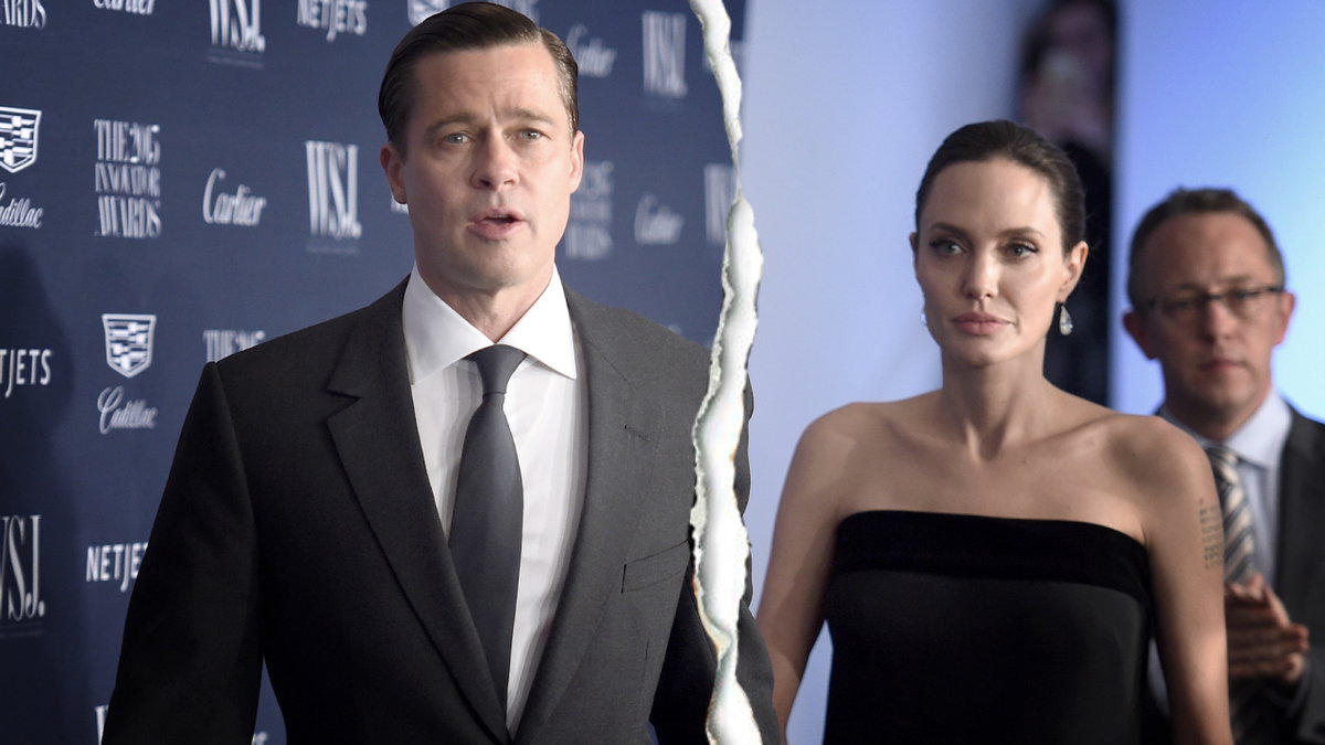 Brad Pitt und Angelina Jolie gehen nebeneinander, in der Mitte ein Riss