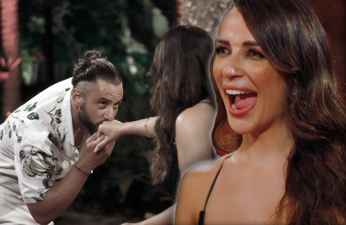"Bachelorette" Jennifer Saro lacht - im Hintergrund Handkuss von Kandidat Kaan