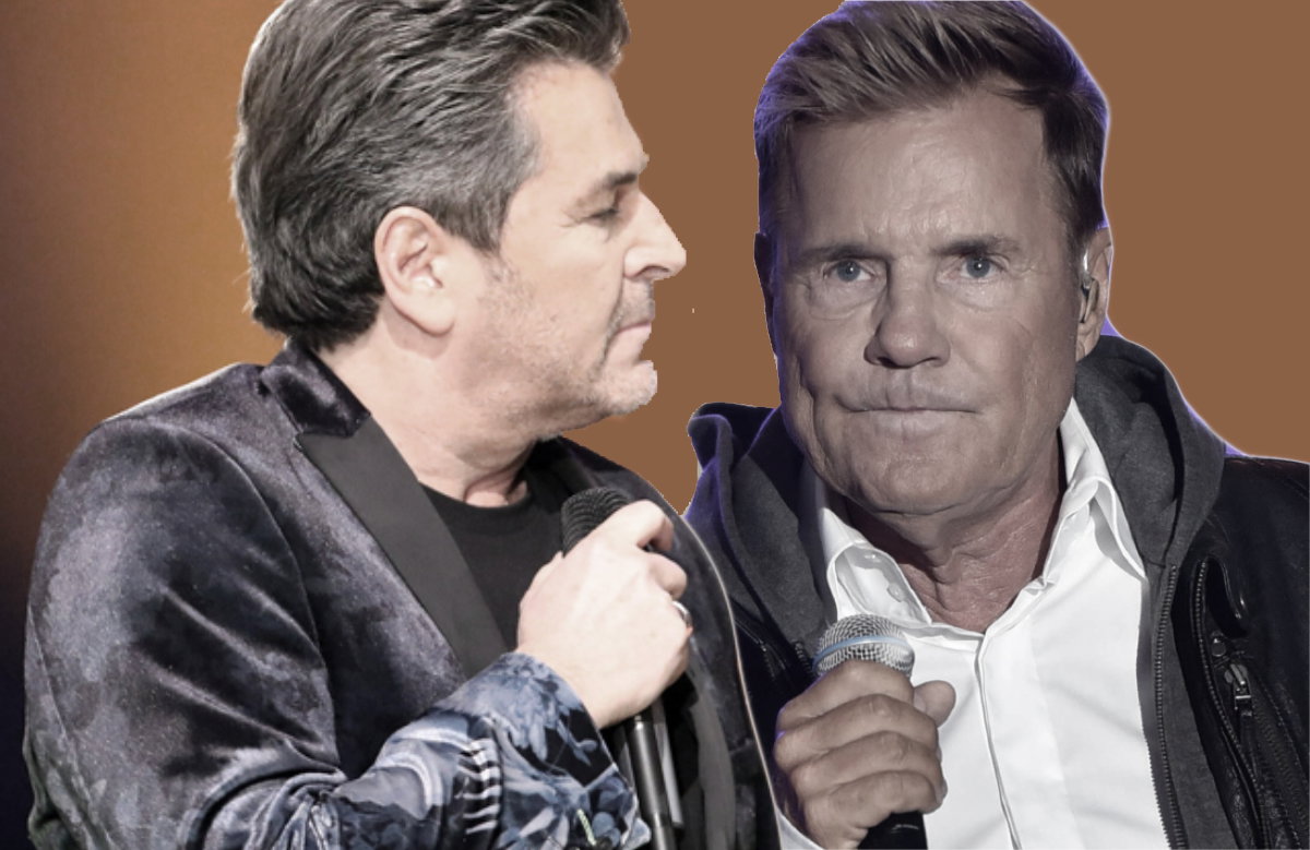 Fotomontage Thomas Anders und Dieter Bohlen gucken ernst mit Mikrofon in der Hand