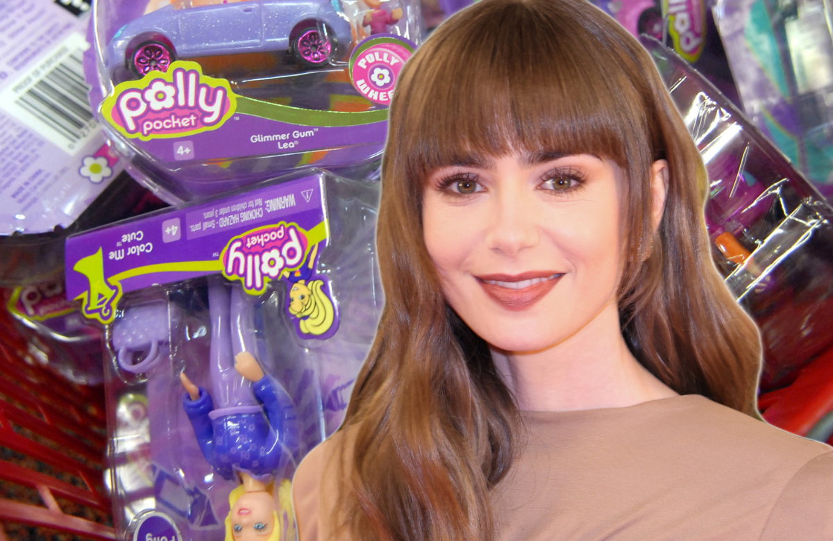 Fotomontage: Lily Collins lacht vor Polly Pocket-Puppen im Einkaufskorb