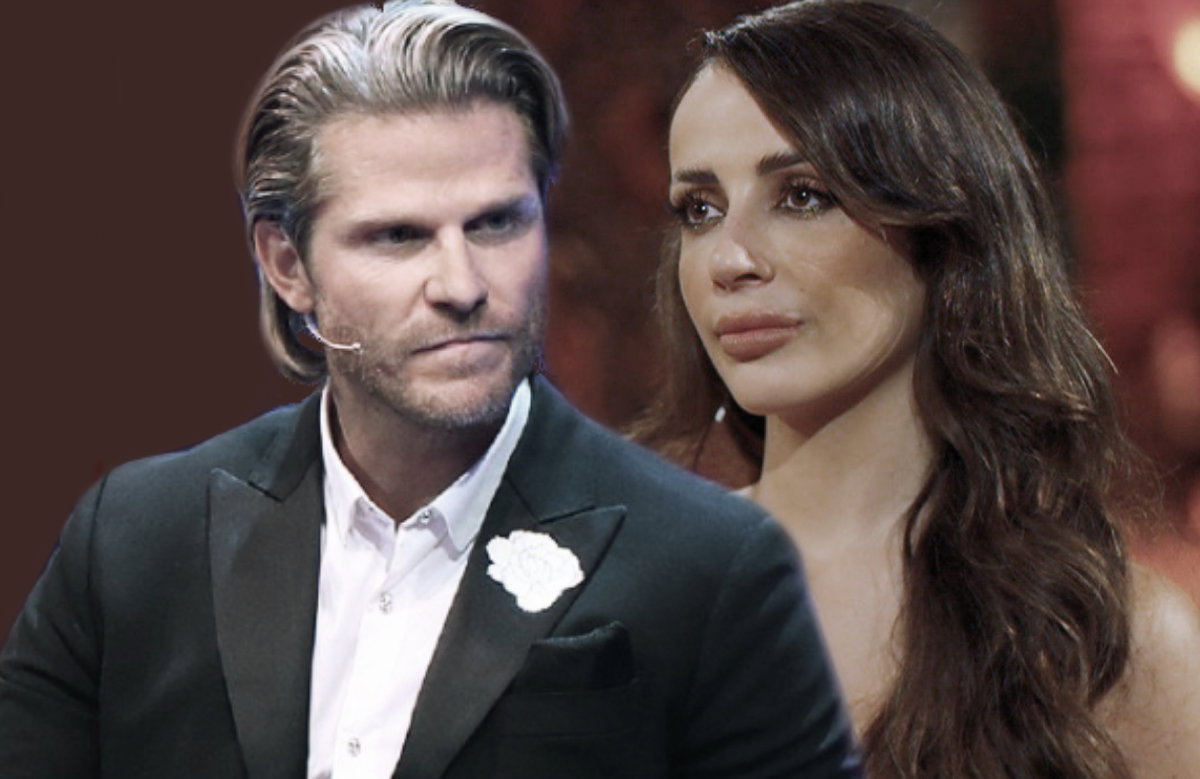 Fotomontage Paul Janke und Bachelorette Jennifer Sara gucken ernst und traurig