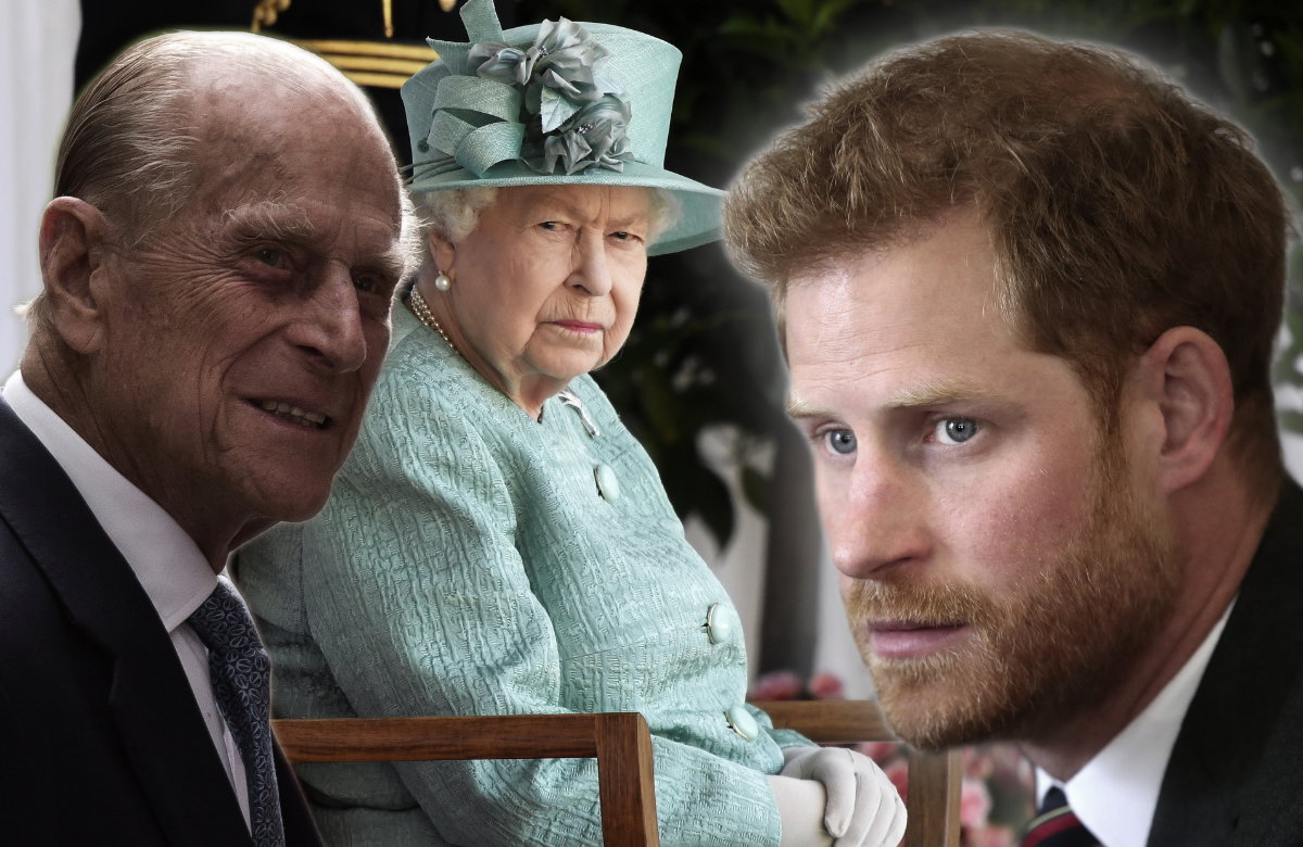 Prinz Philip, Queen Elizabeth II. und Prinz Harry.