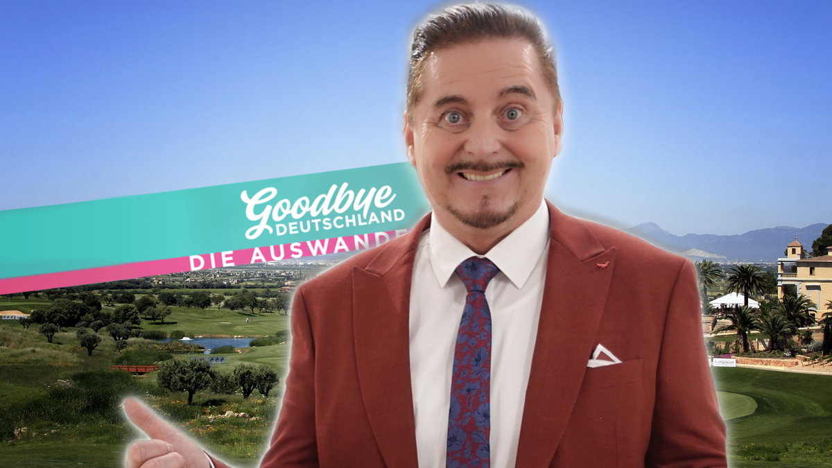 Uwe Herrmann vor "Goodbye Deutschland"-Logo und Mallorca-Kulisse