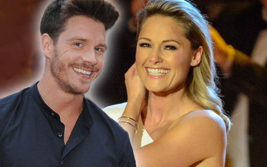 Collage Helene Fischer und Thomas Seitel, schauen beide lächelnd in Kamera