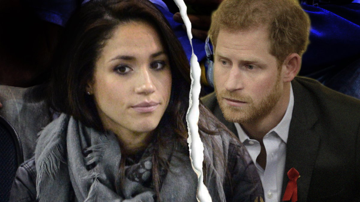 -herzogin Meghan und Prinz Harry sehen traurig aus, in der Mitte trennt sie ein Riss