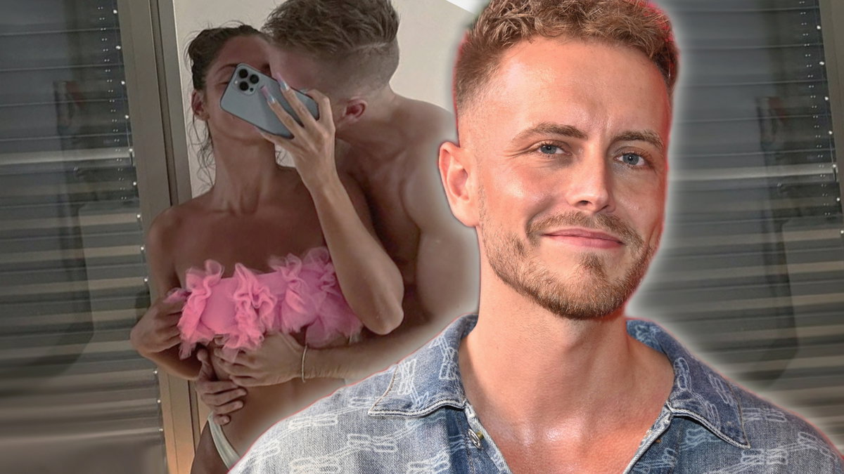 Julian Claßen lächelt, im Hintergrund ein Pärchen-Selfie mit Tanja Makarić