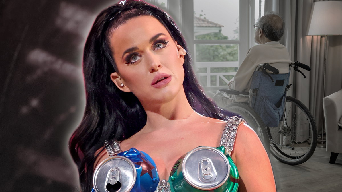Katy Perry sieht angestrengt aus, im Hintergrund sitzt ein alter Mann im Rollstuhl