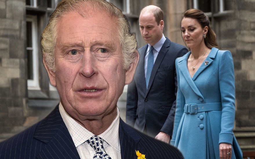 König Charles III. sieht angespannt aus, Prinz William und Prinzessin Kate sehen zu Boden