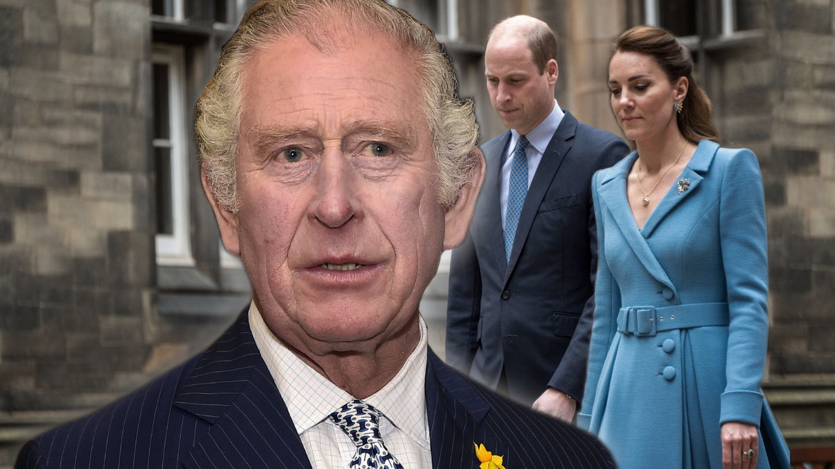 König Charles III. sieht angespannt aus, Prinz William und Prinzessin Kate sehen zu Boden
