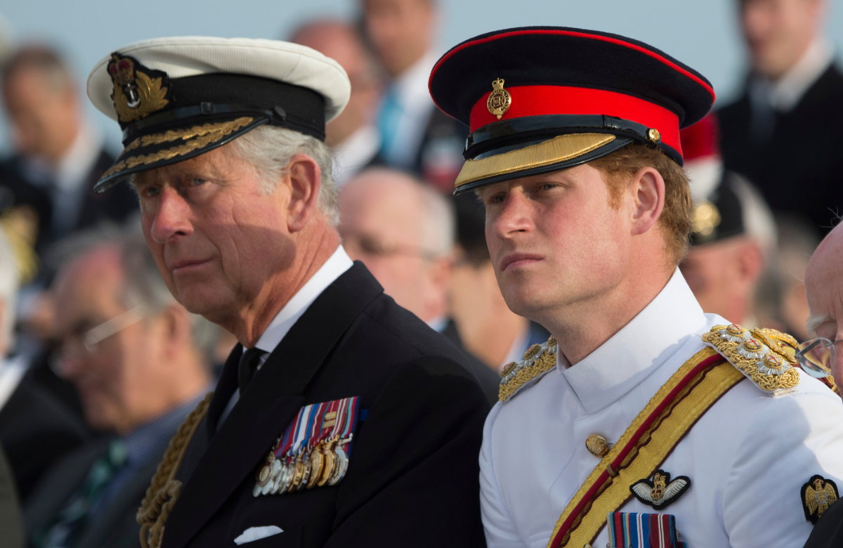 König Charles III. und Prinz Harry in Militäruniform.