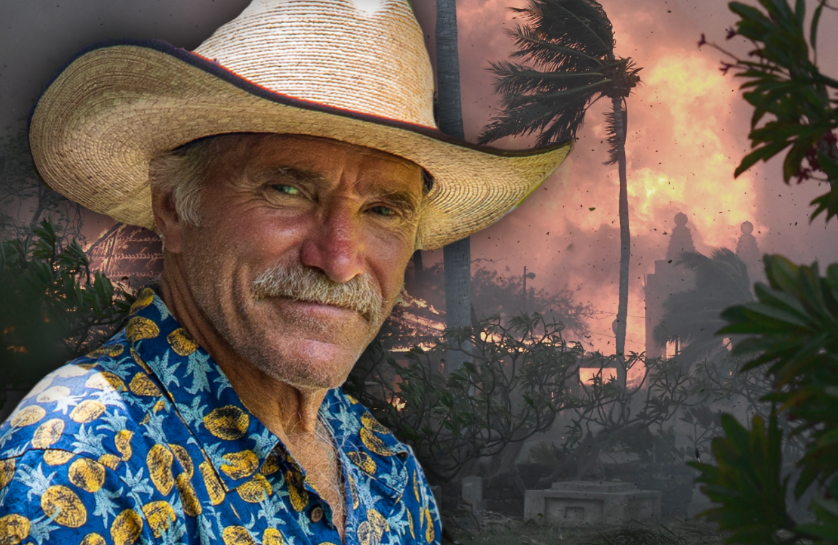 Montage: Konny Reimann mit Hut - im Hintergrund Brände auf Hawaii