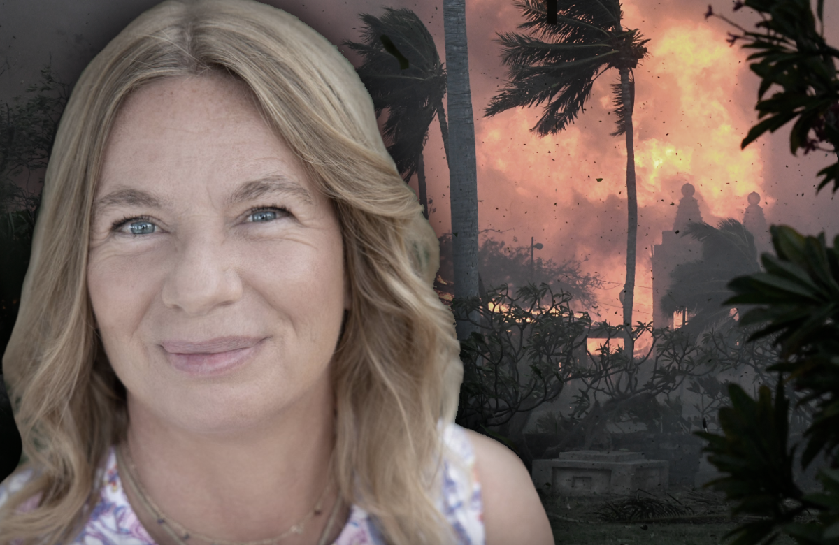 Montage: Manuela Reimann - im Hintergrund Feuer auf Maui (Hawaii)