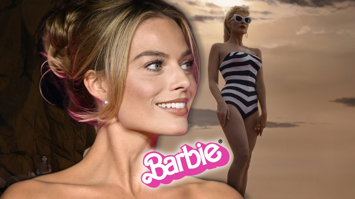 Margot Robbie lächelt, daneben ein Bild von ihr im Badeanzug aus dem "Barbie"-Film