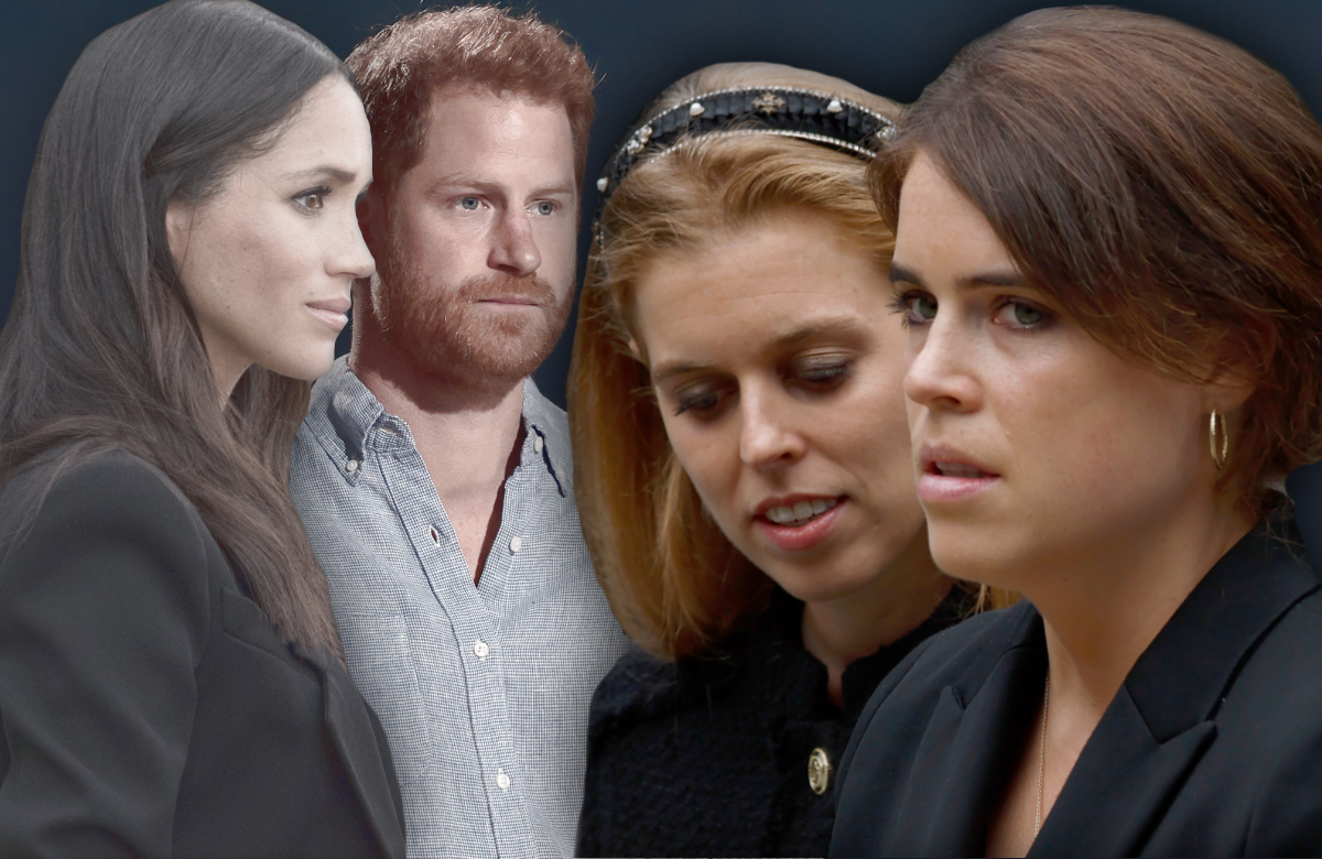 Montage: Prinzessin Eugenie, Prinzessin Beatrice schauen traurig - im Hintergrund Prinz Harry und Herzogin Meghan ernst