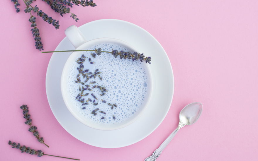 Mondmilch mit Lavendel auf rosa Hinergrund