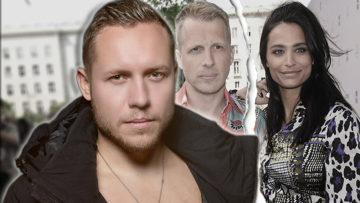 Patrick Romer sieht ernst aus, im Hintergrund ein zerrissenes Bild von Oliver und Amira Pocher