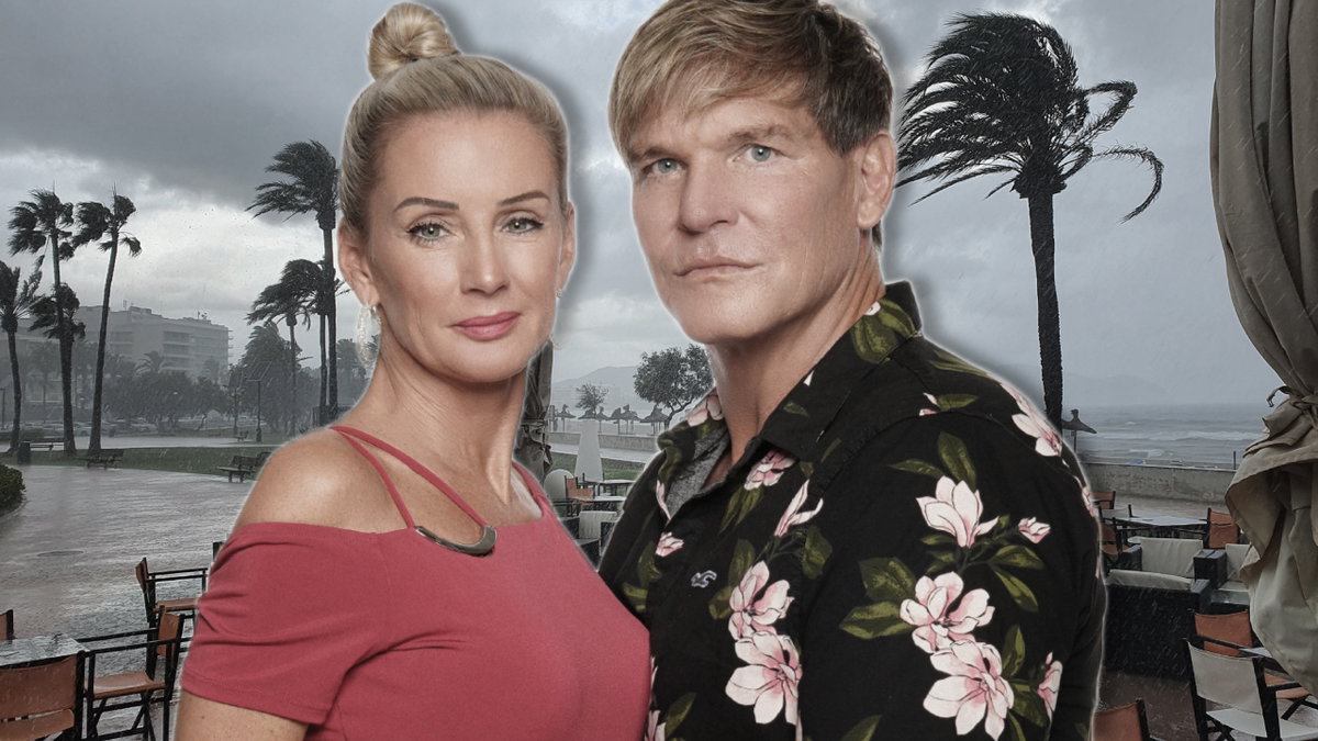 Peggy Jerofke und Steff Jerkel, im Hintergrund fegt ein Tornado über Mallorca