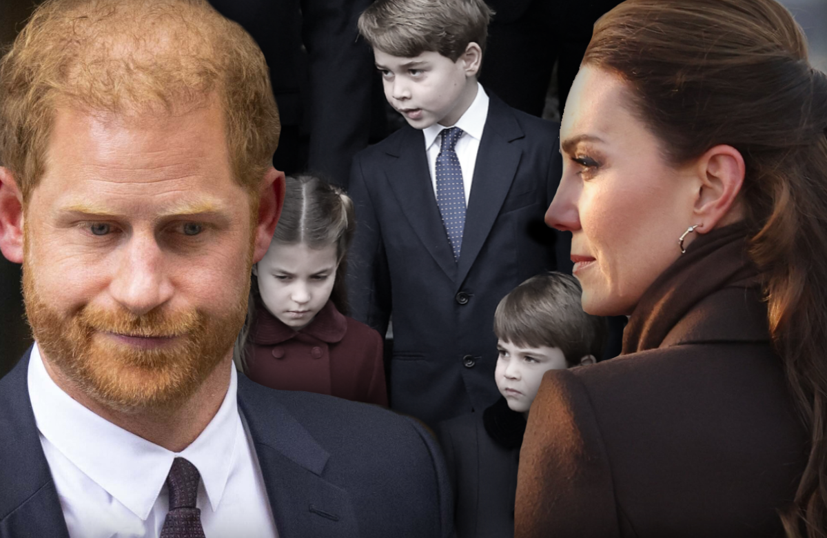 Prinzessin Kate und Prinz Harry schauen ernst - im Hintergrund George, Charlotte und Louis