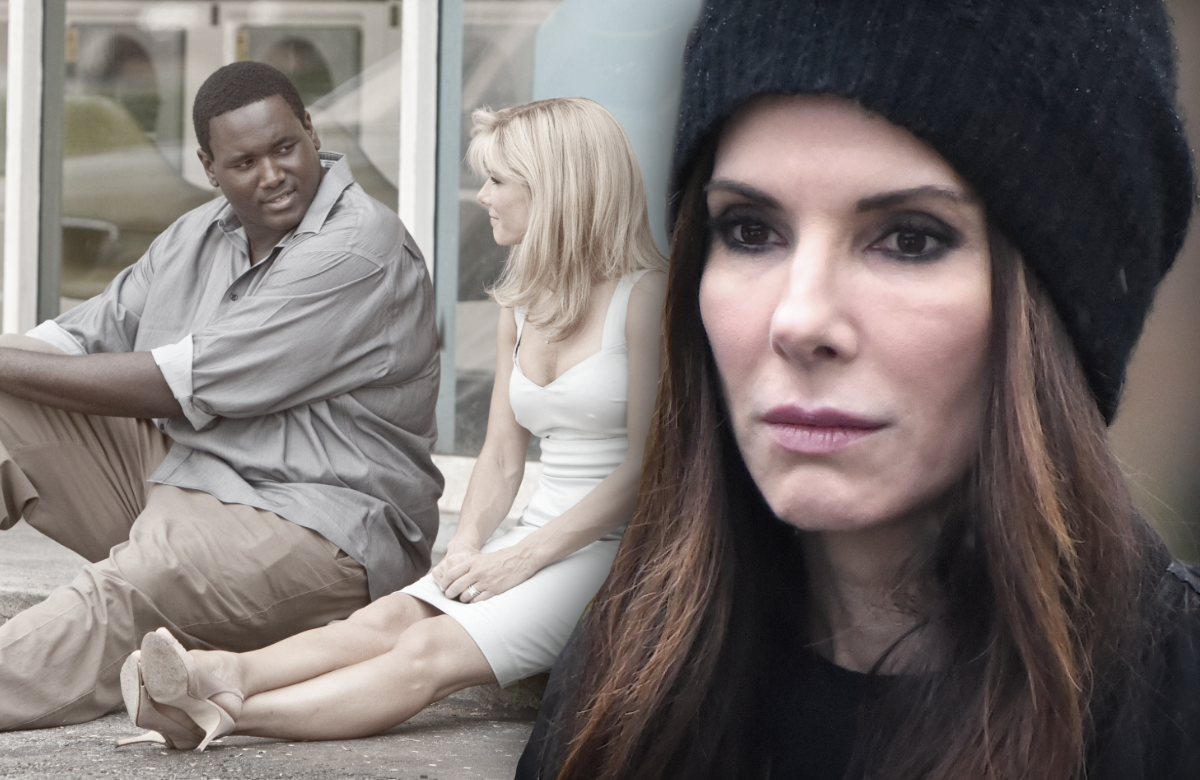 Sandra Bullock schaut traurig - im Hintergrund Szene aus "The Blind Side"