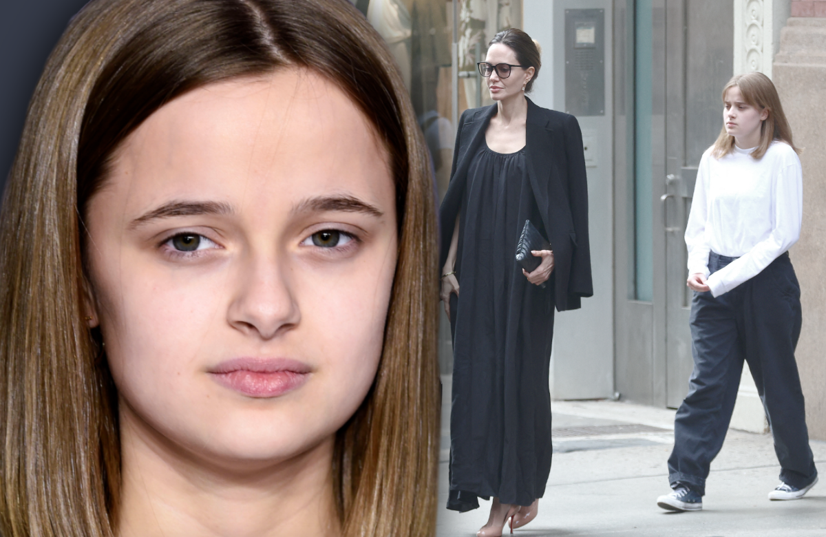 Vivienne Jolie-Pitt ernst - im Hintergrund im August 2023 mit ihrer Mutter Angelina Jolie in Soho, New York