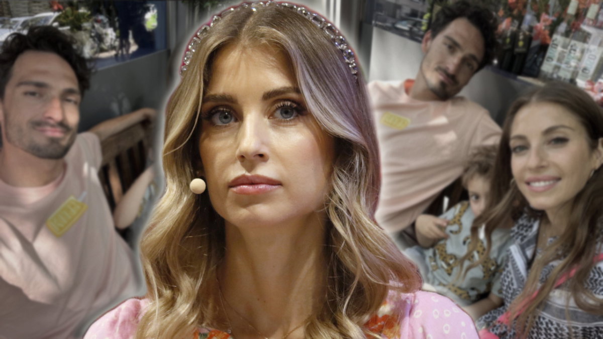 Cathy Hummels sieht traurig aus, im Hintergrund verschwommene Bilder mit Mats Hummels und Sohn Ludwig