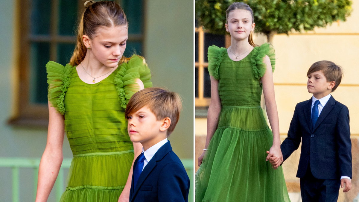 Prinzessin Estelle hält ihren Bruder Prinz Oskar an der Hand