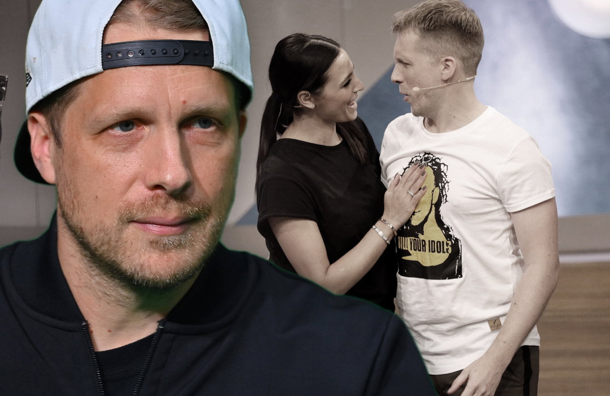 Oliver Pocher schaut mit Cappy traurig, Amira Pocher und Oli schauen sich an