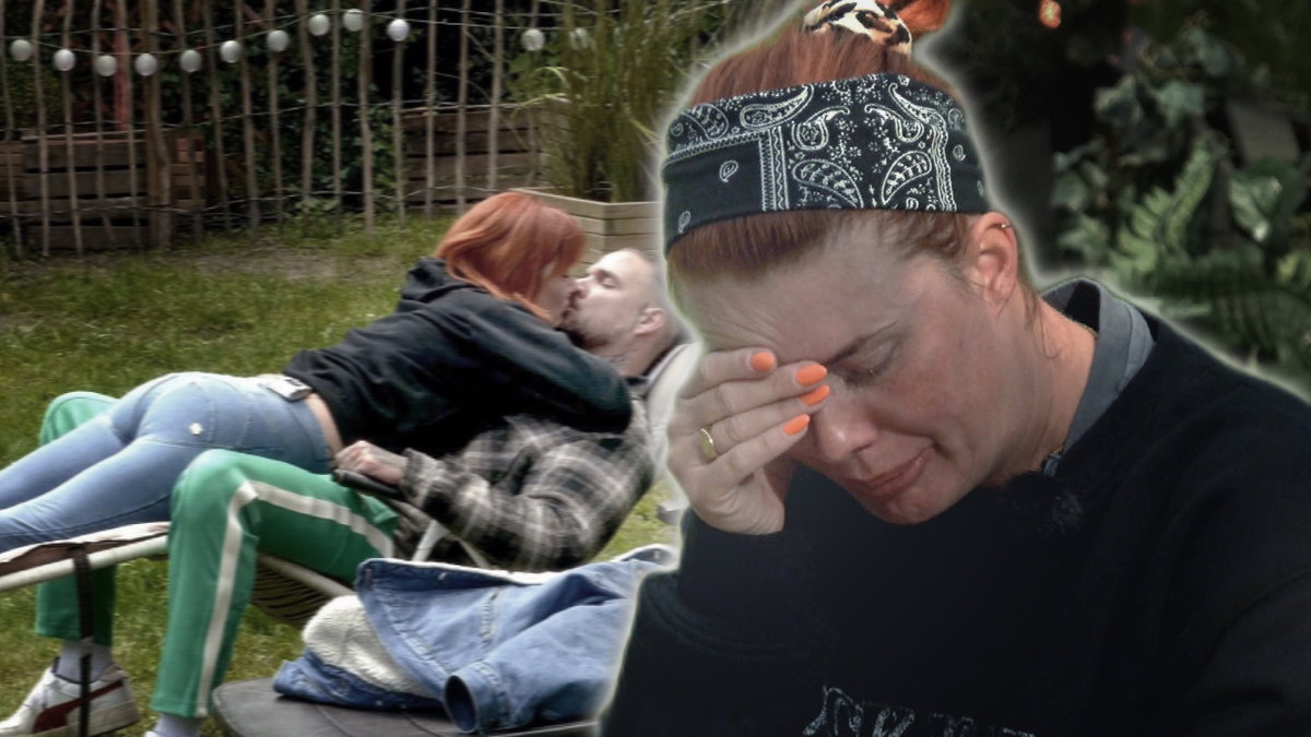 Pia Tillmann liegt mit Zico Banach knutschend auf der Liege, daneben ein Bild von Pia, wie sie traurig auf den Boden sieht