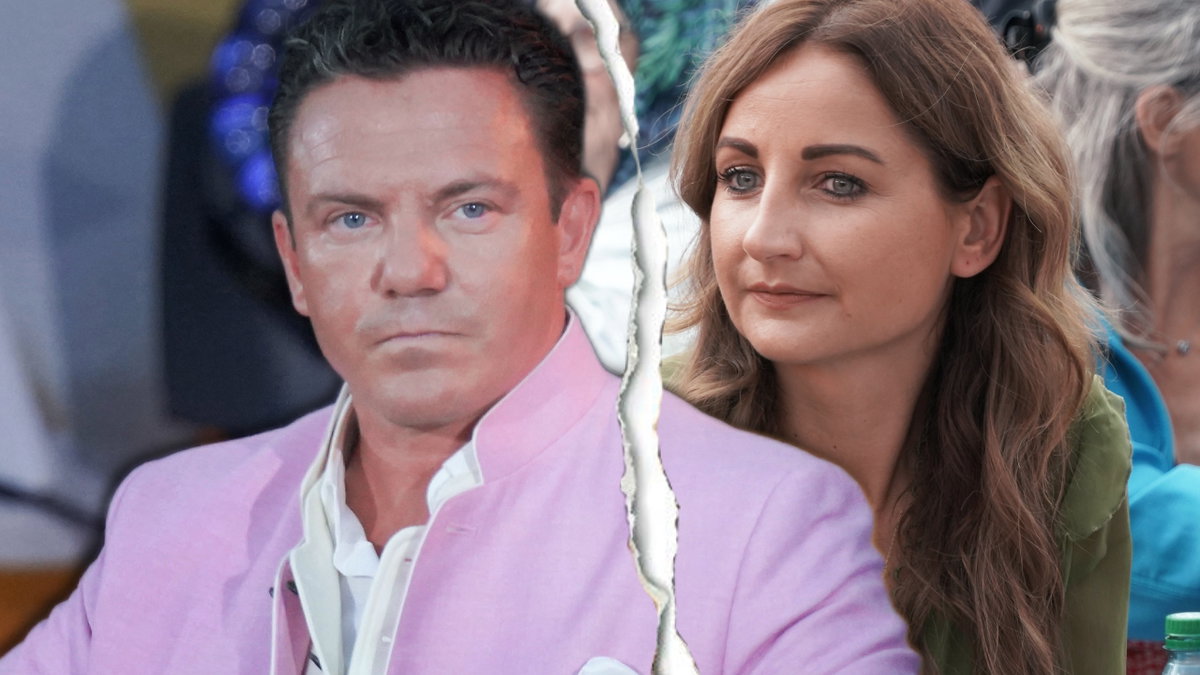 Stefan Mross und Eva Luginger sehen traurig aus, mit Riss in der Mitte