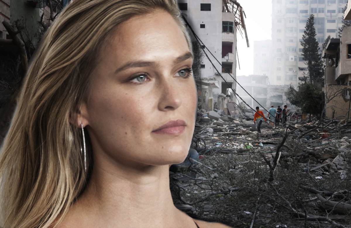 Bar Refaeli sieht traurig aus, im Hintergrund ein Bild einer zerstörten Stadt