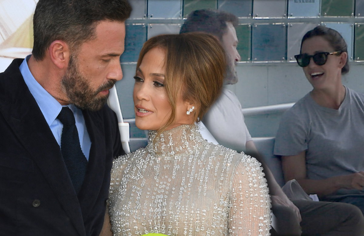 Ben Affleck und Jennifer Lopez sehen sich an, im Hintergrund lacht Ben Affleck mit Jennifer Garner