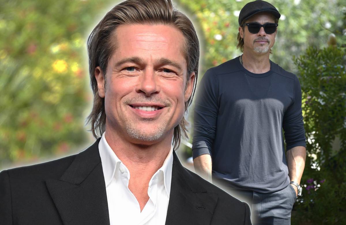 Brad Pitt lächelt, im Hintergrund ein Bild von ihm mit engem Shirt