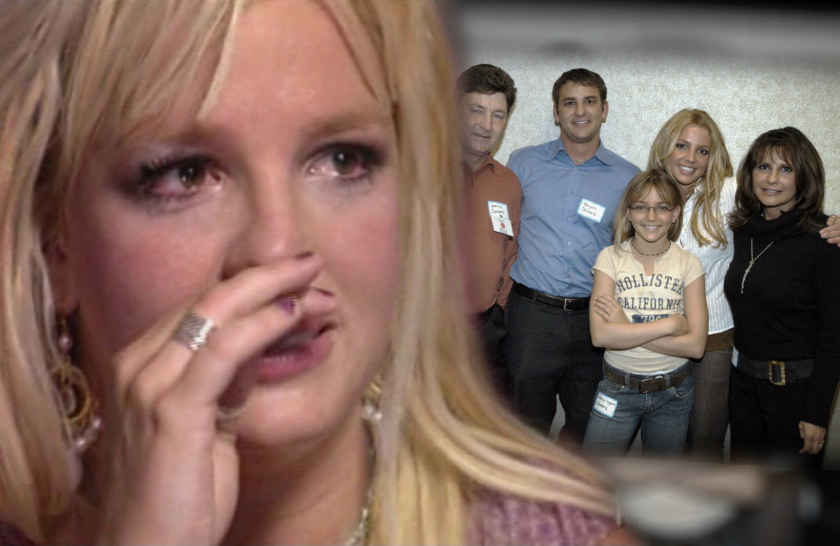 Britney Spears weint, daneben ein Bild mit ihrer Familie