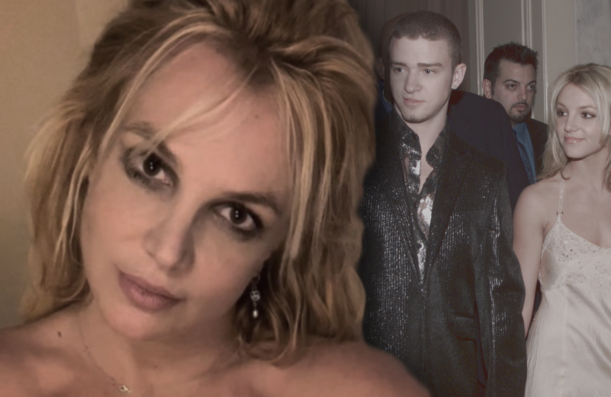 Britney Spears oben ohne und im Hintergrund mit Justin Timberlake
