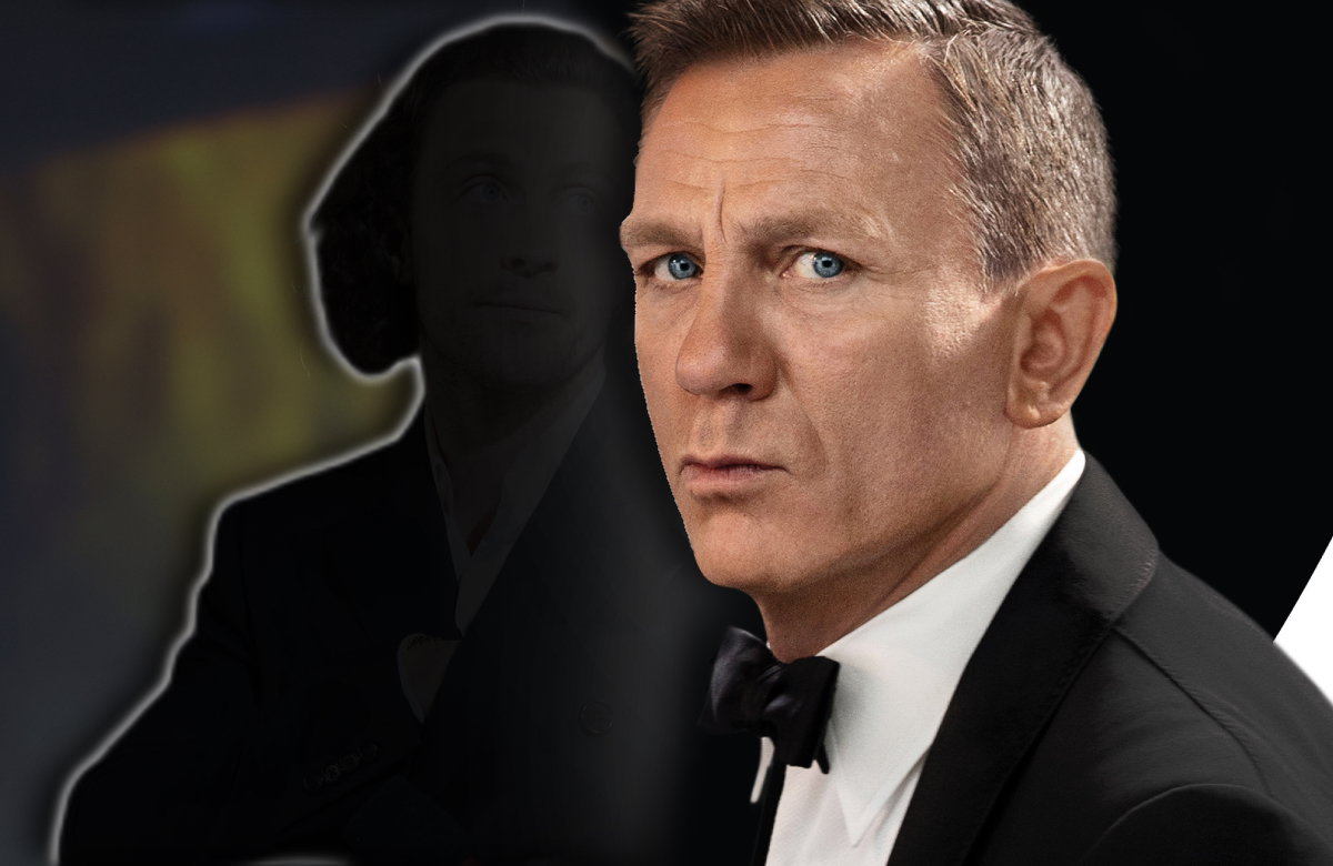 Daniel Craig als James Bond, im Hintergrund ist Aaron Taylor-Johnsons Silhouette