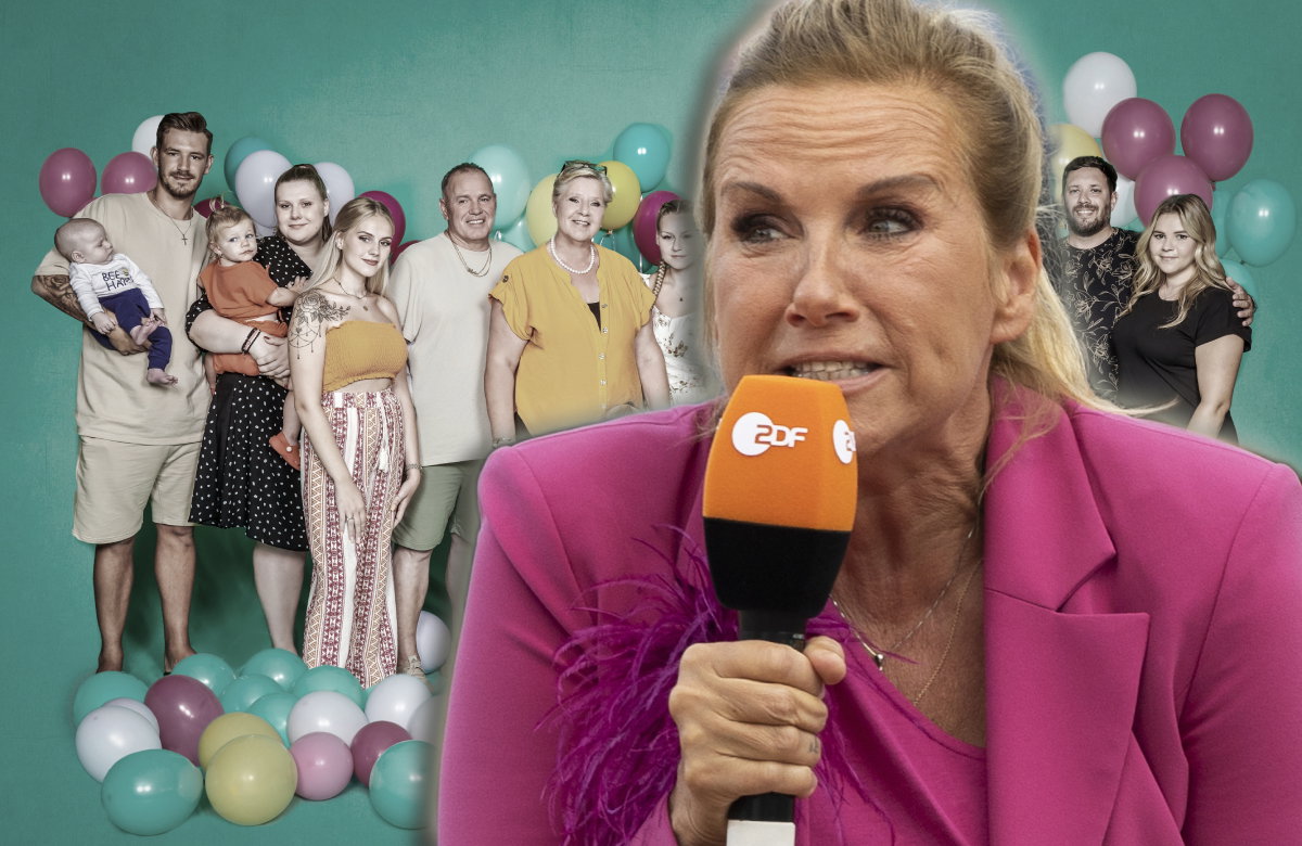Andrea Kiewel spricht angespannt ins ZDF-Mikrofon, im Hintergrund ein Bild der Wollnys