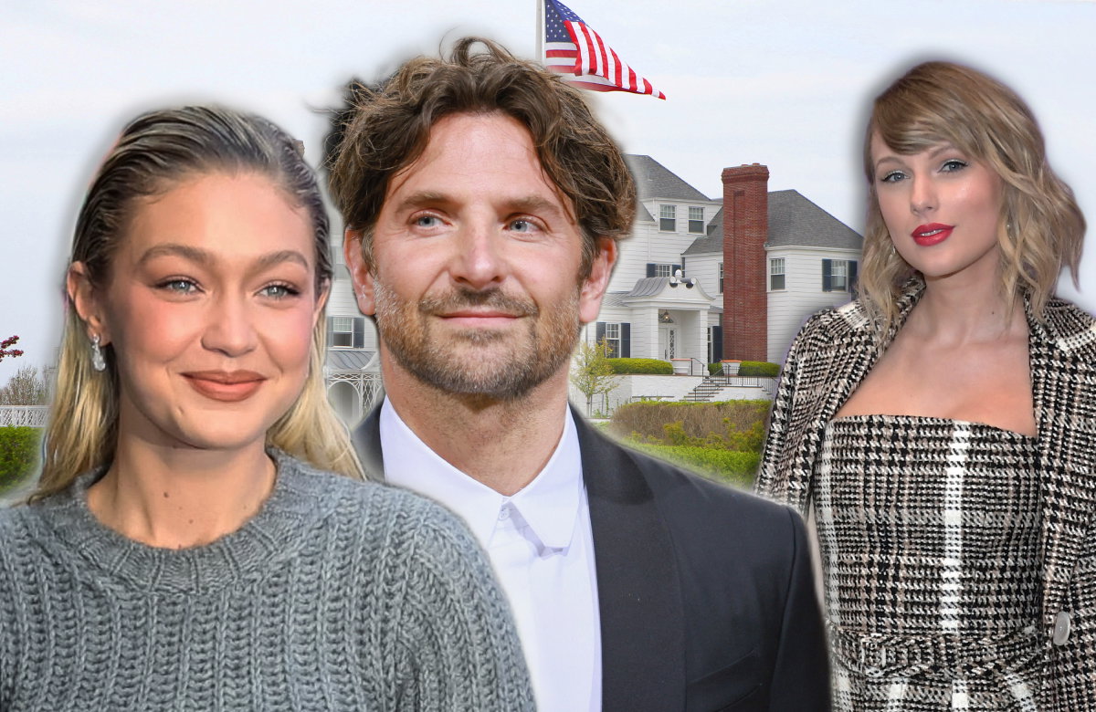 Gigi Hadid und Bradley Cooper lächeln, im Hintergrund steht Taylor Swift lächelnd und ein Bild von ihrem Haus in Rhode Island