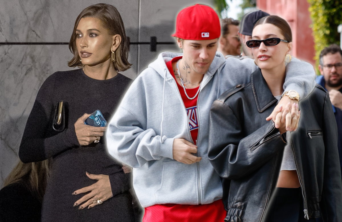 Hailey Bieber hält sich den Bauch und geht Arm in Arm mit Justin Bieber