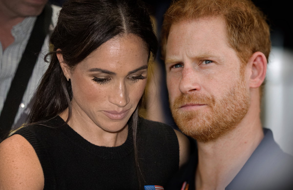 Herzogin Meghan sieht zu Boden, Prinz Harry sieht nachdenklich aus