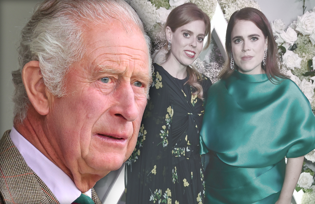 König Charles III. ernst - im Hintergrund Prinzessin Eugenie und Prinzessin Beatrice