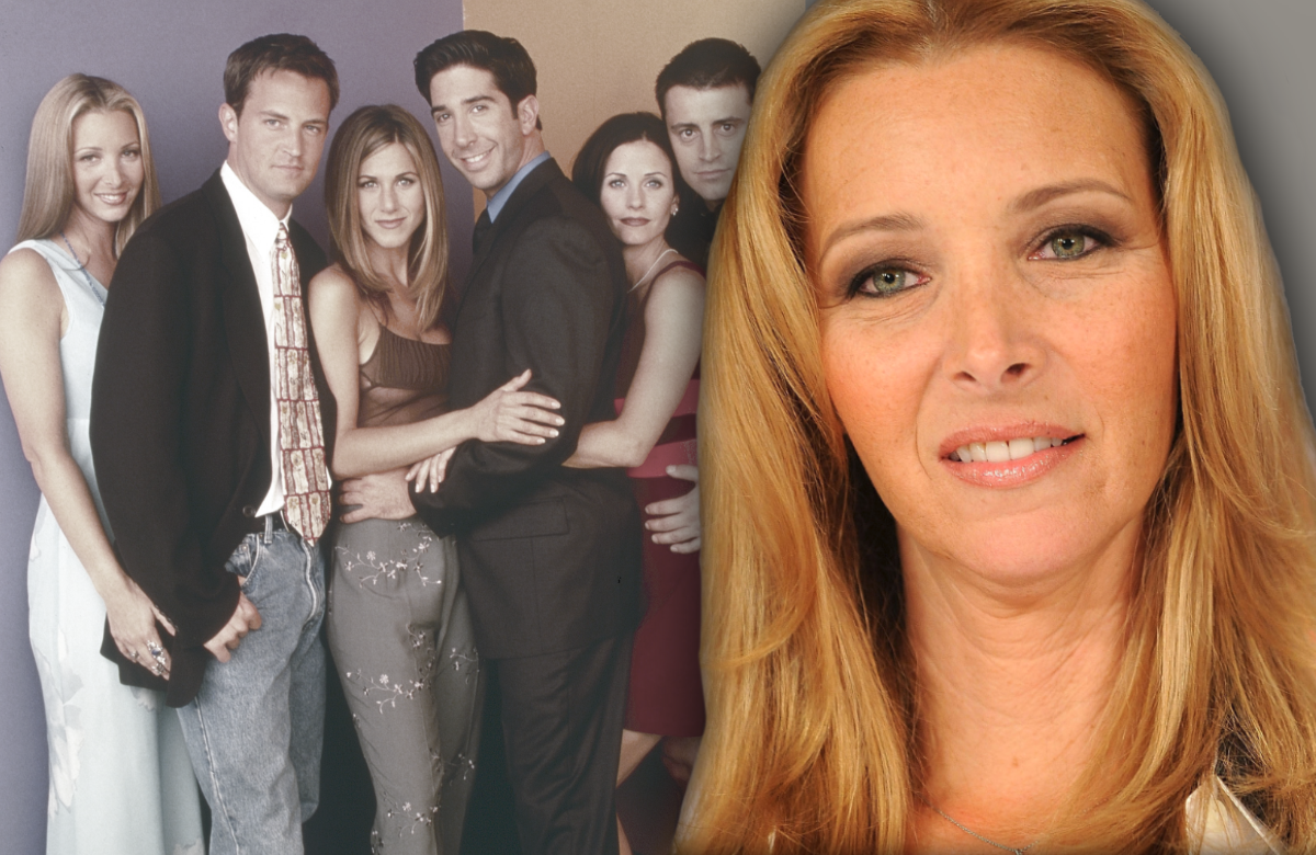 Lisa Kudrow ernst - im Hintergrund Gruppenfoto "Friends"