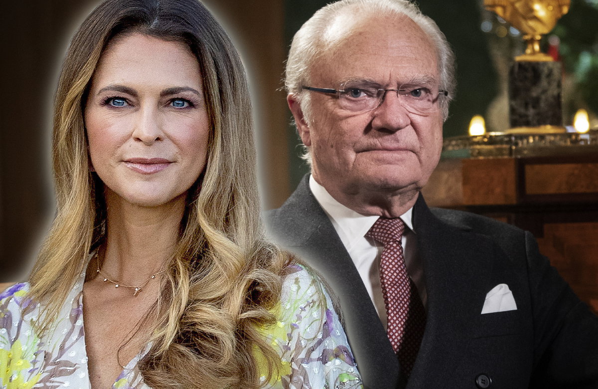 Prinzessin Madeleine lächelt leicht, König Carl Gustaf sieht ernst aus
