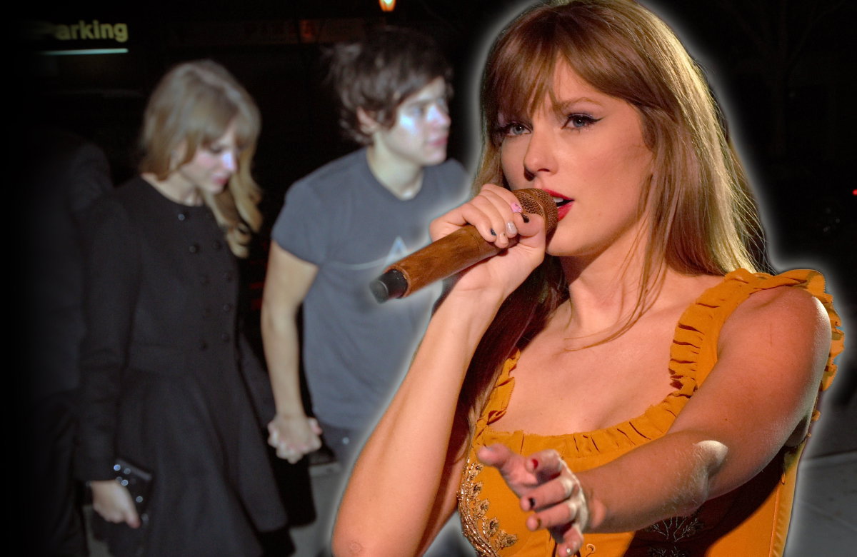 Taylor Swift singt, im Hintergrund halten Taylor und Harry Styles Händchen