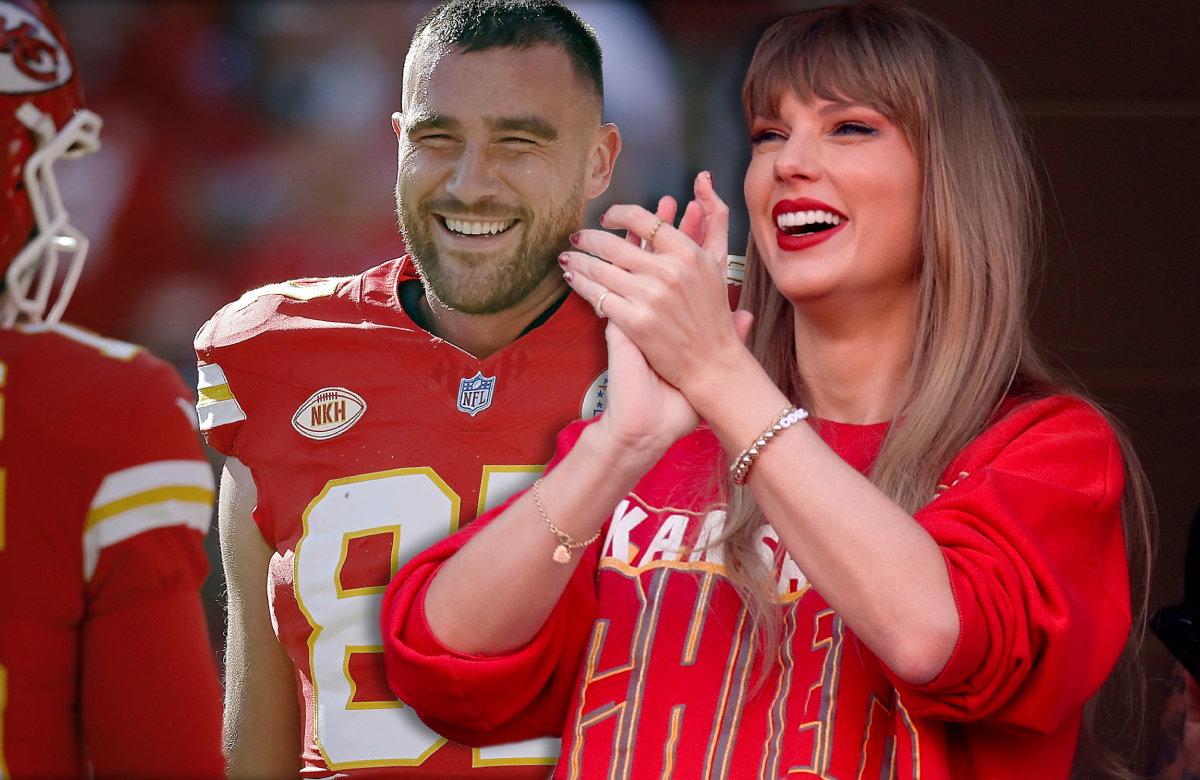 Travis Kelce lächelt, Taylor Swift applaudiert